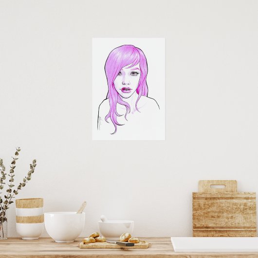  meisje Cartoon portret Roze haar Schuilgezicht Poster (Keuken)