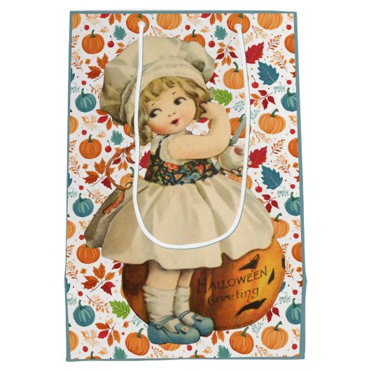 Meisje Carving Apple en kleurrijke pompoenen Hallo Medium Cadeauzakje (Achterkant)