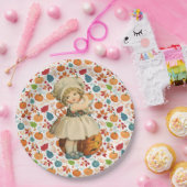 Meisje Carving Apple en kleurrijke pompoenen Hallo Papieren Bordje (Feest)