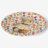 Meisje Carving Apple en kleurrijke pompoenen Hallo Papieren Bordje (Gekanteld)