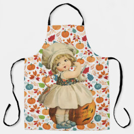 Meisje Carving Apple en kleurrijke pompoenen Hallo Schort