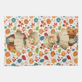 Meisje Carving Apple en kleurrijke pompoenen Hallo Theedoek