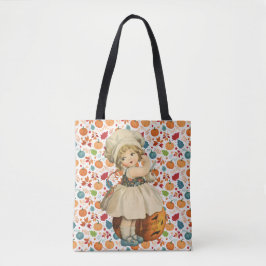 Meisje Carving Apple en kleurrijke pompoenen Hallo Tote Bag
