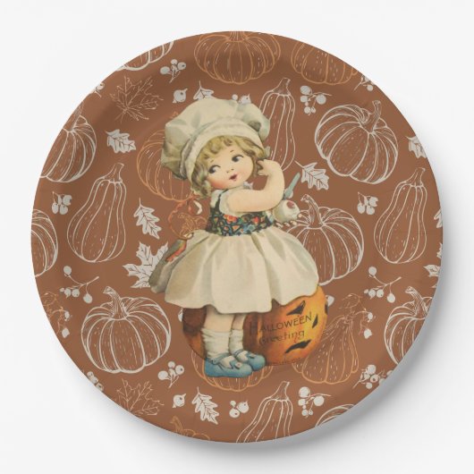 Meisje Carving Apple Halloween Papieren Bordje (Voorkant)