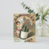 Meisje Champagne Fles Roos Klok Briefkaart (Staand voorkant)