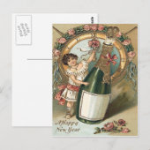 Meisje Champagne Fles Roos Klok Briefkaart (Voorkant / Achterkant)