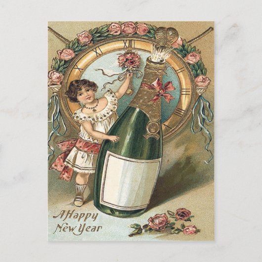 Meisje Champagne Fles Roos Klok Briefkaart (Voorkant)