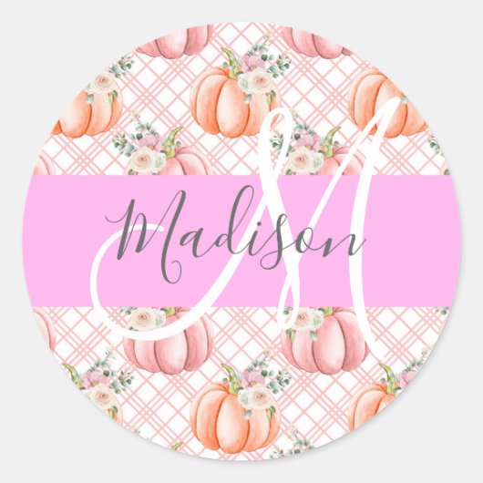 Meisje Chic Floral Pink Peach Monogram Ronde Sticker (Voorkant)