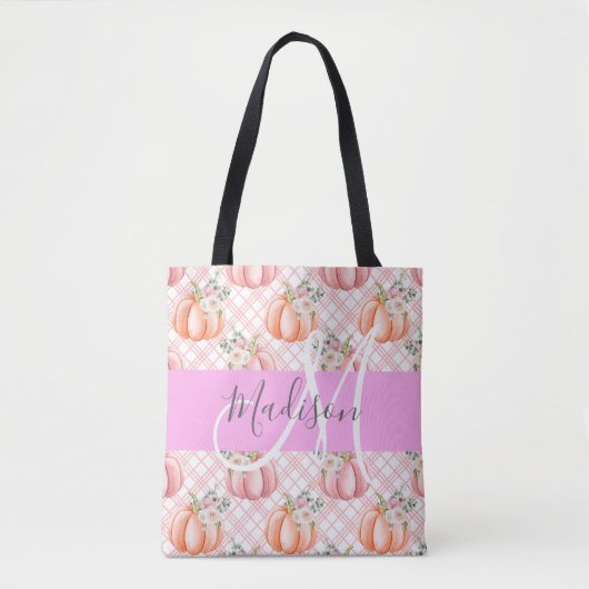 Meisje Chic Floral Pink Peach Monogram Tote Bag (Voorkant)