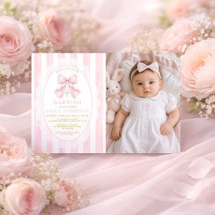 Meisje Christelijke Doop Roze Strik Foto Kaart