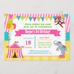 Meisje Circus Carnaval Verjaardagsfeest Uitnodigin Kaart