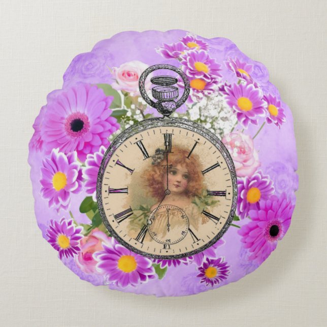  meisje ClockBekijk Paarse Floral Round Pillow Rond Kussen (Voorkant)