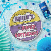 Meisje Comic Boek Stijl Superheld Gelukkige Verjaa Papieren Bordje (Feest)