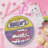 Meisje Comic Boek Stijl Superheld Gelukkige Verjaa Papieren Bordje (Feest)