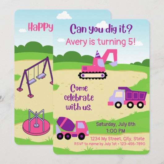 Meisje Constructie Verjaardag uitnodigen Kaart (Voorkant / Achterkant)