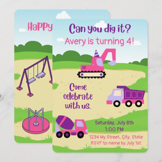 Meisje Constructie Verjaardag uitnodigen Kaart (Voorkant / Achterkant)