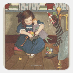 Meisje controleert haar schoenen vol met Goodies Vierkante Sticker