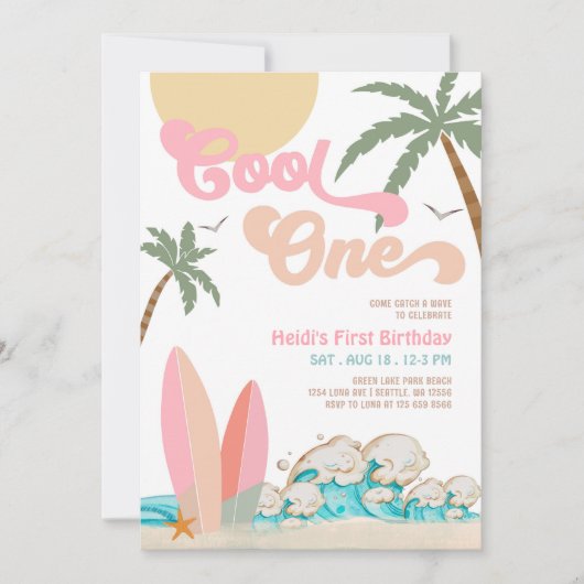 Meisje Cool ONE Surfen 1e Verjaardag Beach Party Kaart (Voorkant)