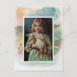 Meisje Cradling Lamb Victoriaans Pasen Feestdagenkaart