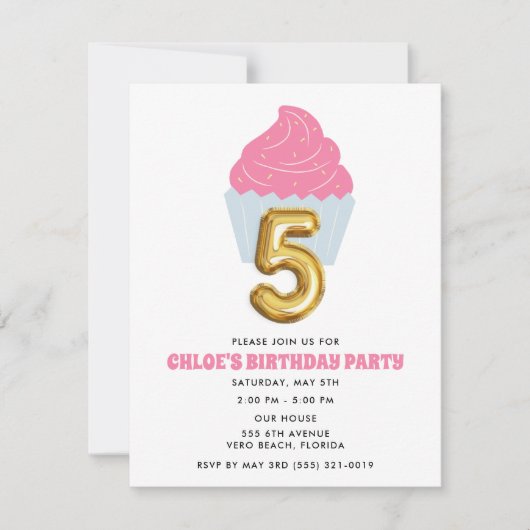 Meisje Cupcake 5e Verjaardagsfeestje Kaart (Voorkant)
