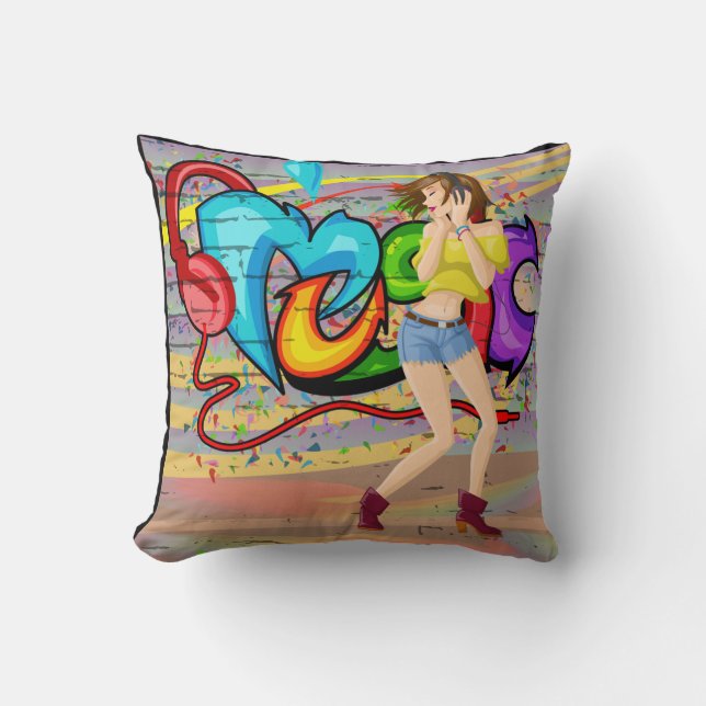 Meisje Dancing Muziek Graffiti Muur Achtergrond Kussen (Voorkant)