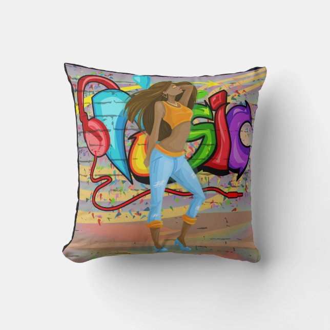 Meisje Dansen Muziek Graffiti Muur Achtergrond 2 Kussen (Voorkant)