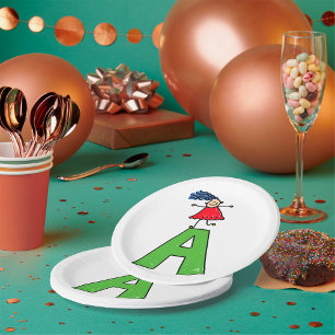 Meisje Dansen op Groene Brief Een Leuk Alfabet Papieren Bordje
