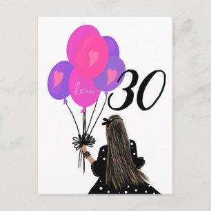 Meisje dat 30e verjaardag viert met bos ballonnen briefkaart