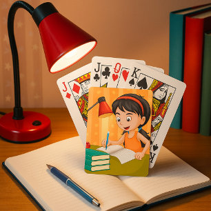 Meisje dat aan bureau huiswerk maakt pokerkaarten