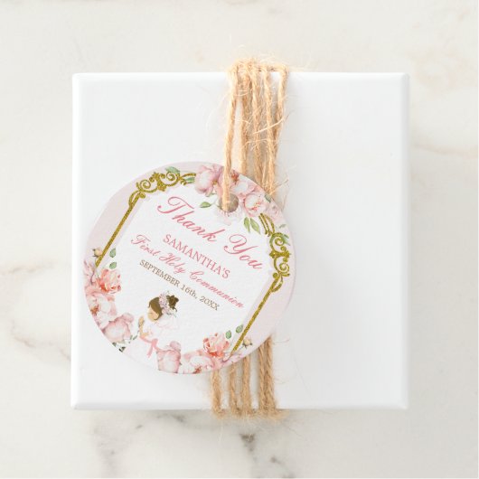 Meisje dat bidt Goud Eerste Heilige Communie Dank  Bedankjes Labels (In situ)