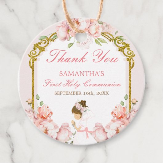 Meisje dat bidt Goud Eerste Heilige Communie Dank  Bedankjes Labels (Voorkant)