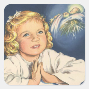 Meisje dat bidt tot Jezus Christus, gebedsuur voor Vierkante Sticker