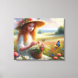Meisje dat bloemen plukt op canvas print