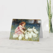 meisje dat Bunny Rabbits Paasse Kaart voedt (Voorkant)