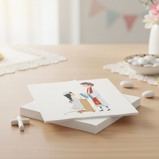 Meisje dat communiqué religieuze papieren napkins  servet