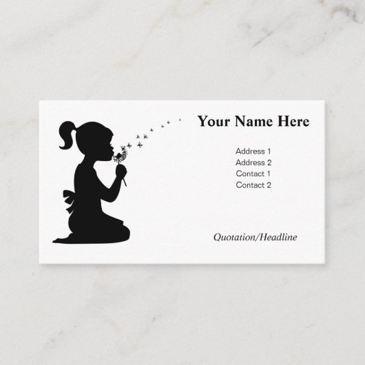 Meisje dat een andelionbloem wil opblazen advieskaart (Voorkant)