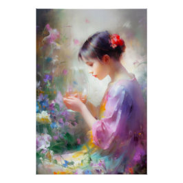 Meisje dat een bloem in haar handen bewondert  perfect poster