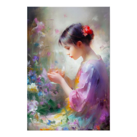 Meisje dat een bloem in haar handen bewondert  perfect poster (Voorkant)