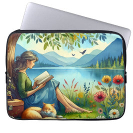 Meisje dat een boek leest onder een boom met een s laptop sleeve