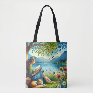 Meisje dat een boek leest onder een boom met een s tote bag
