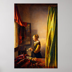 Meisje dat een brief leest bij een open raam door poster