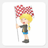 Meisje dat een gecheckte vlag op het vierkant heef vierkante sticker (Voorkant)