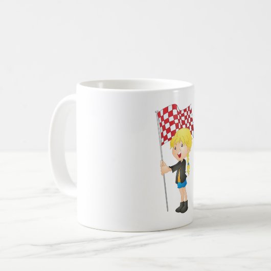 Meisje dat een gecontroleerde Mok voor vlaggenkoff (Voorkant links)