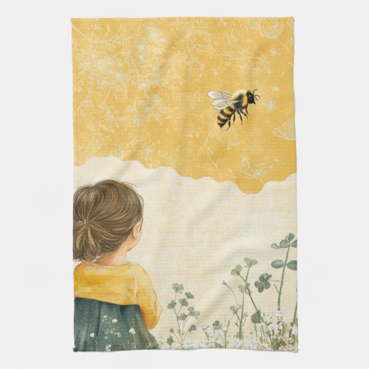 Meisje dat een hommel bekijkt theedoek (Verticaal)