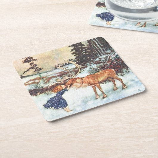 "Meisje dat een rendier zoent" Kerstmis onderzette Kartonnen Onderzetters (Schuin)