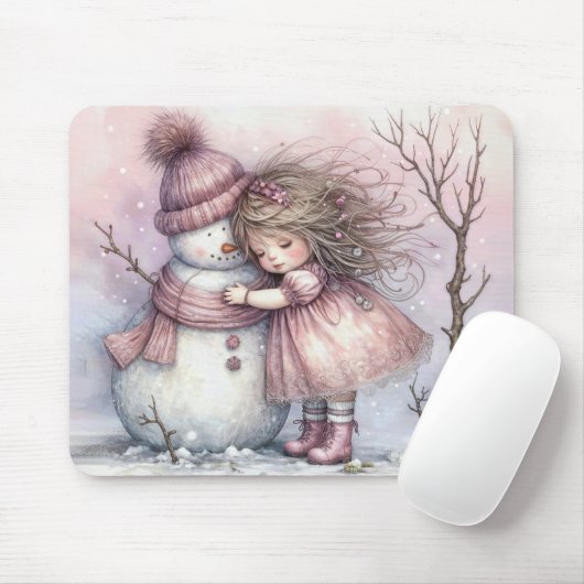 Meisje dat een sneeuwman omhelst muismat (Met muis)