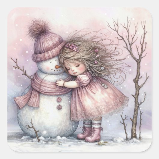 Meisje dat een sneeuwman omhelst vierkante sticker (Voorkant)