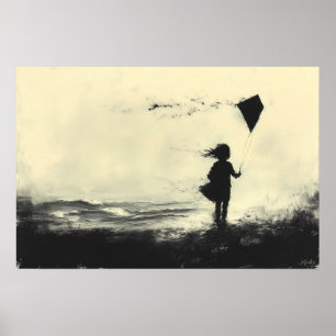Meisje dat een vlieger laat vliegen op het strand poster