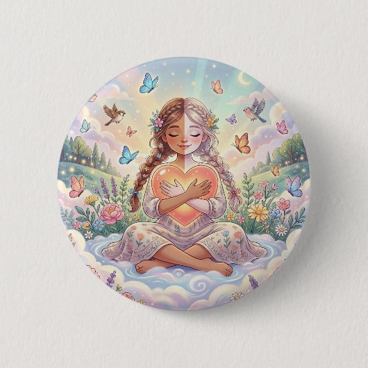 Meisje dat een vredig hart omhelst ronde button 5,7 cm (Voorkant)