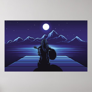 Meisje dat gitaar speelt van de nachtgitaar, meisj poster